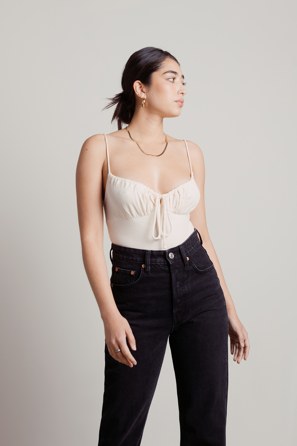 Keep Up Off White Ruched Bust Front Tie Bodysuit