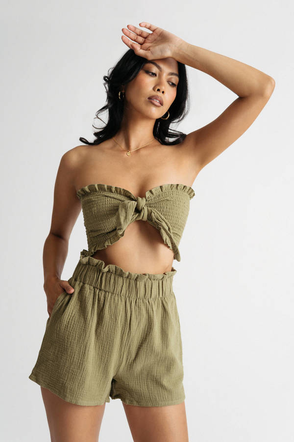 Take A Hint Olive Strapless Crop Top And Shorts Set