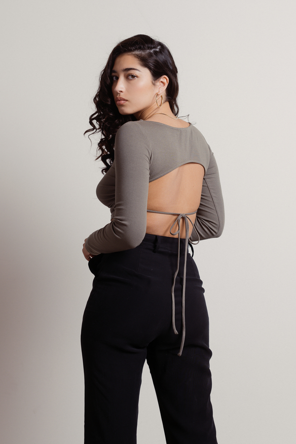 Tomo Olive Ribbed Backless Long Sleeve Crop Top