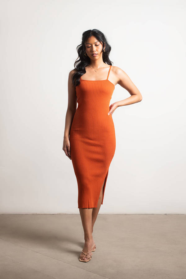 Orange Midi Dress - Slit Bodycon Dress - Square Neck Ribbed Dress