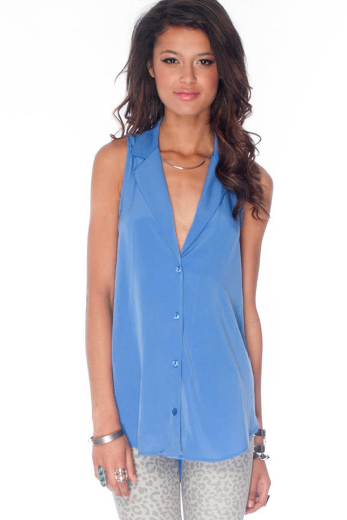 Strapped and Sleeveless Button Down Shirt in Periwinkle - $20 | Tobi US