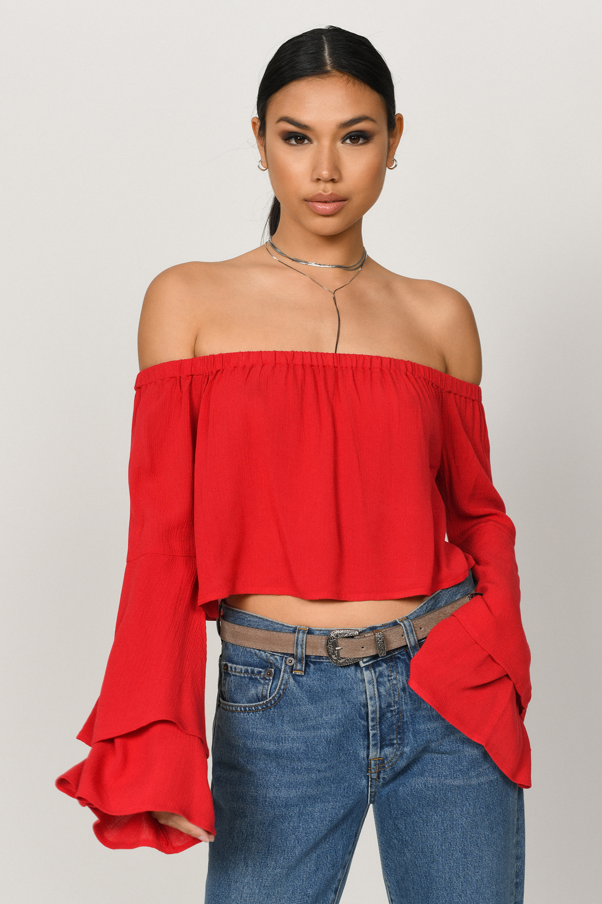 Red Crop Top - Off Shoulder Crop Top - Crop Top With Bell Sleeves