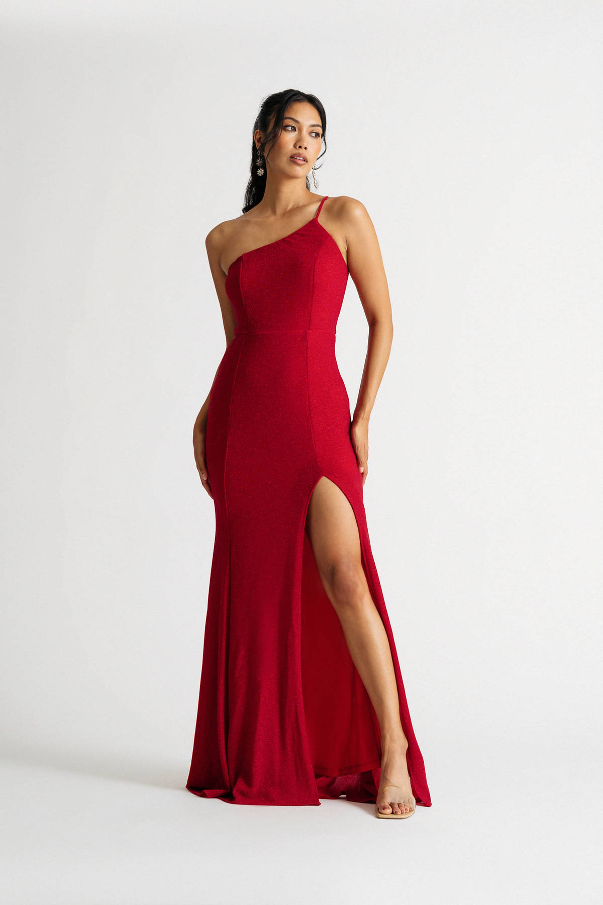 Maggie Red Glitter One Shoulder Slit Maxi Dress - $82 | Tobi US