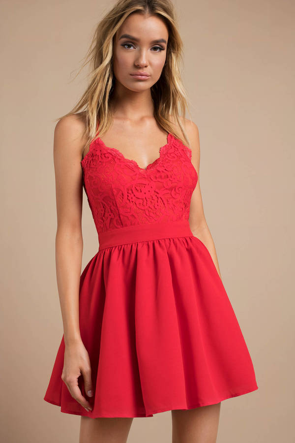 Mila Red Lace Pleated Skater Dress