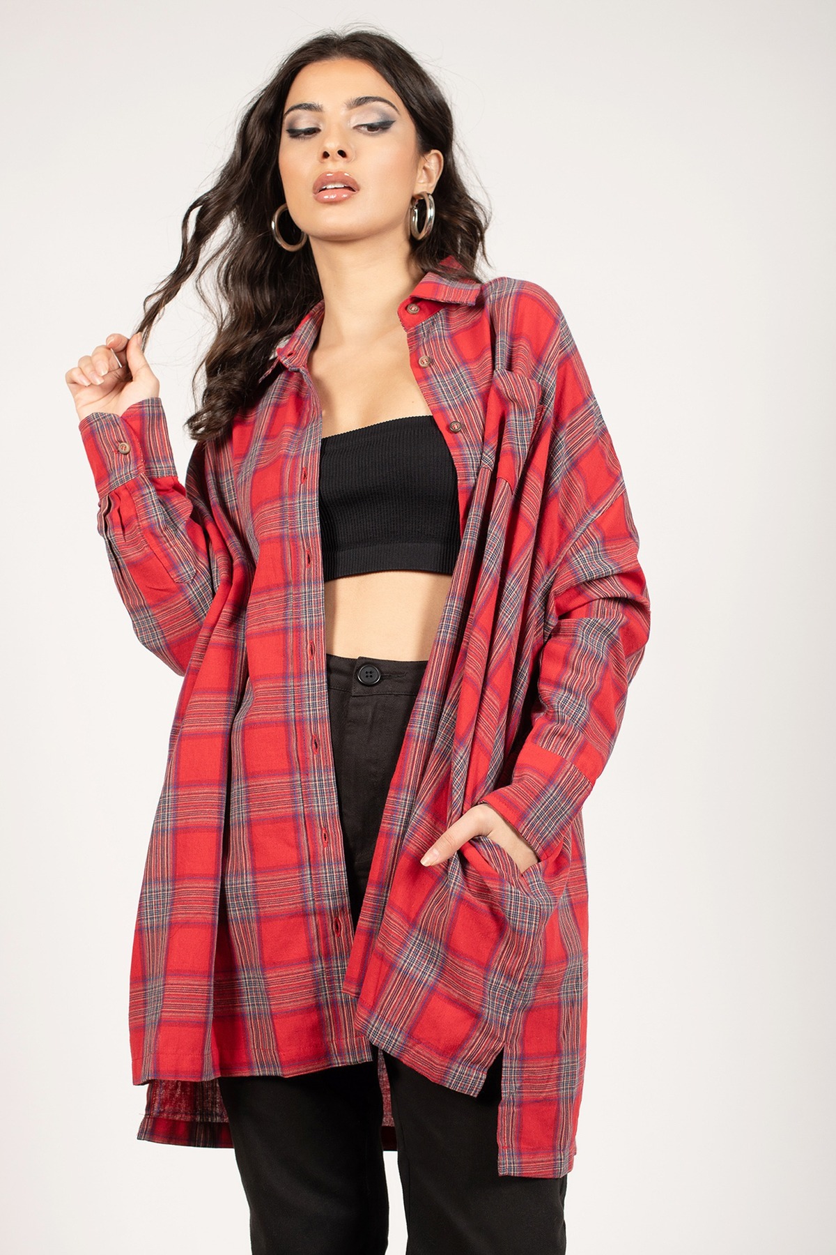 Red Plaid Tunic - Button Up Tunic Dress - Oversized Plaid Tunic