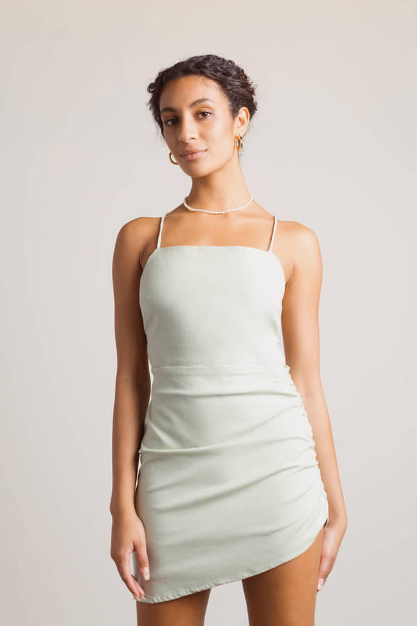 Moving On Sage Lace Up Asymmetrical Bodycon Dress
