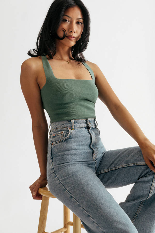 Stay Motivated Sage Ribbed Lace-Up Knit Cami Crop Top