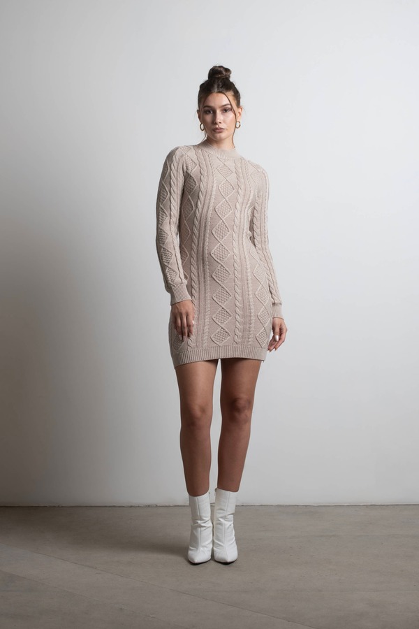 Look Back Stone Open Back Cable Knit Bodycon Sweater Dress