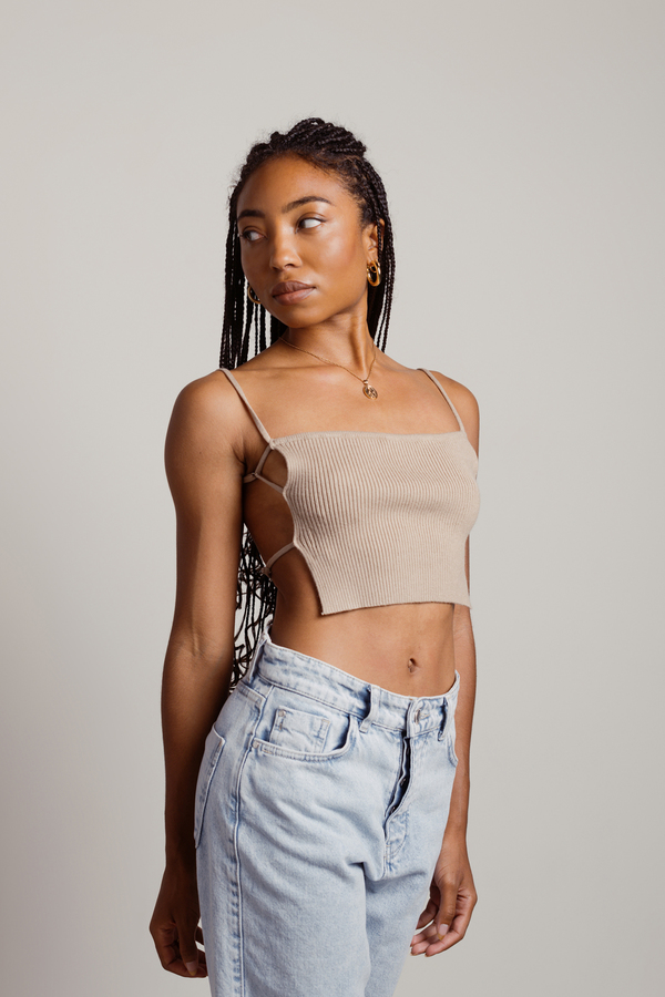 Fly Me Out Taupe Ribbed Open Back Crop Top