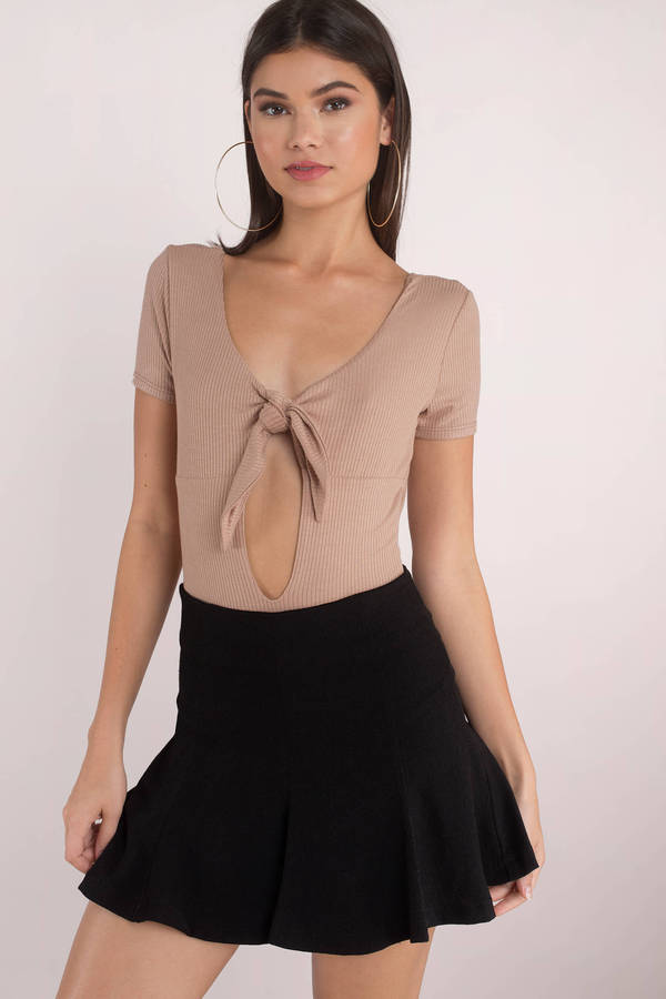 Lola Taupe Ribbed Front Tie Bodysuit 