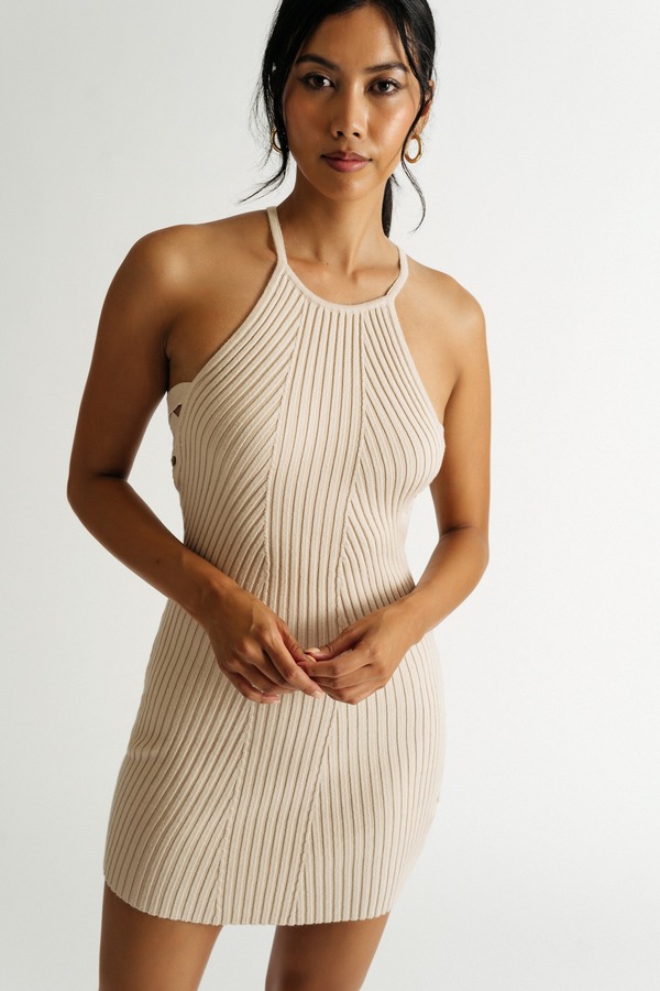 Somewhere To Go Taupe Side Lace-Up Halter Bodycon Dress