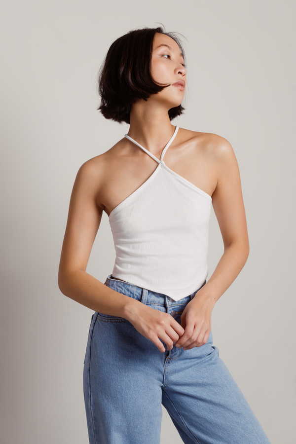 Always and Forever White Ribbed Halter Handkerchief Crop Top