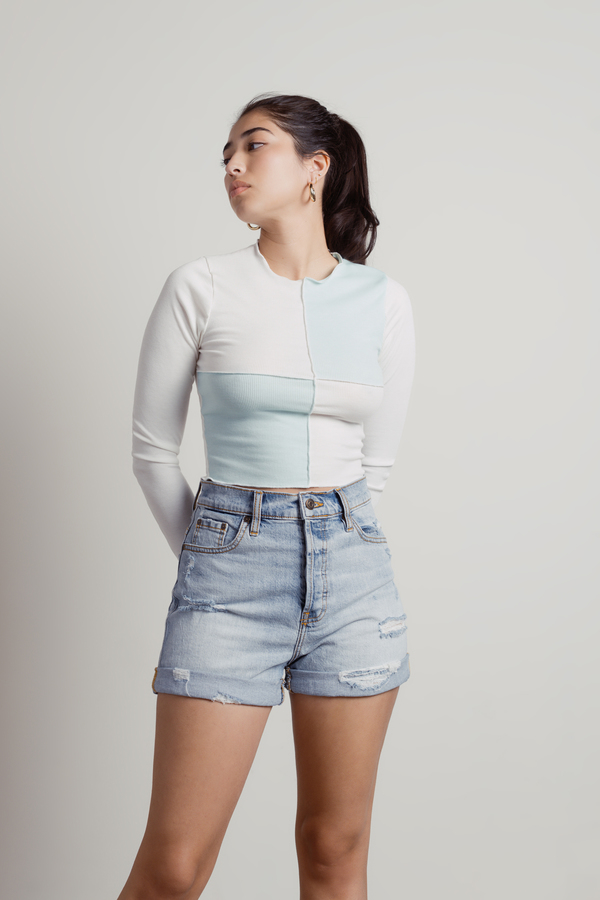 Elaire White & Blue Color-Blocked Reverse Stitch Long Sleeve Top