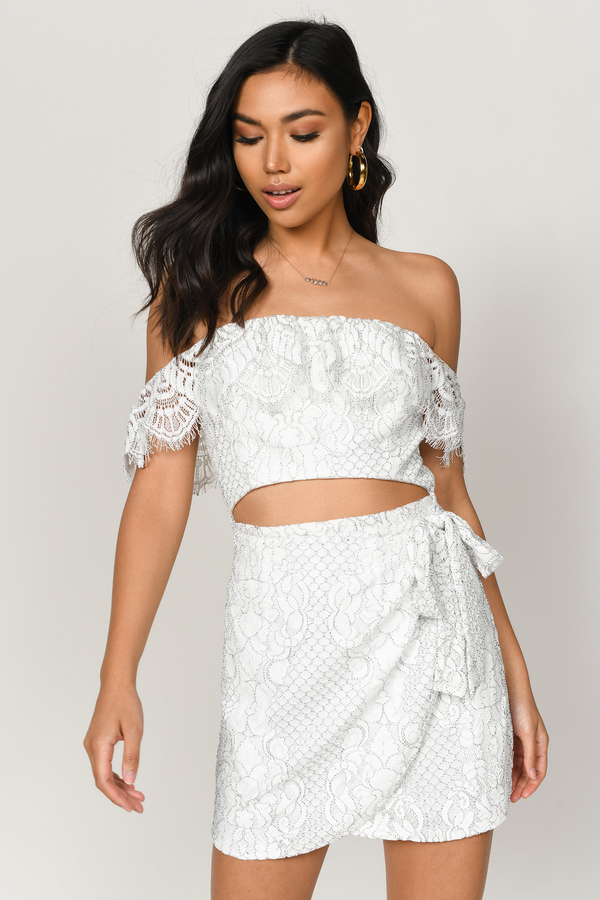 off the shoulder white wrap dress