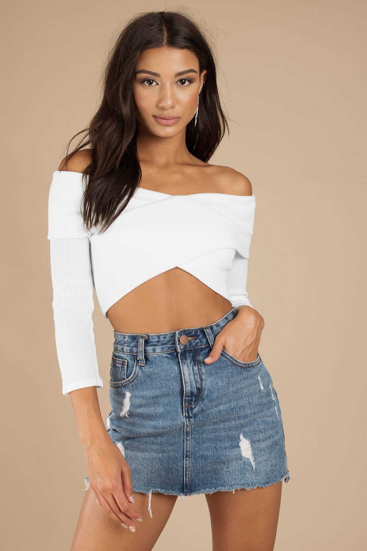 White Crop Top - Crossing Lines Knit Crop Top - Bardot Crop Top Long ...