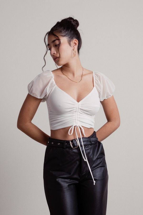 In The Way White Ruched Puff Sleeve Mesh Crop Top