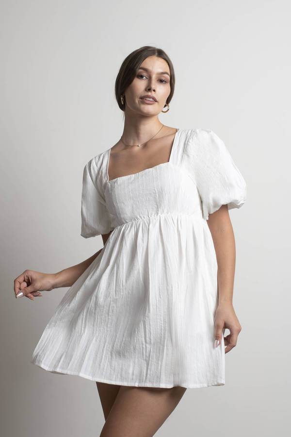 Takara White Puff Sleeve Babydoll Mini Dress