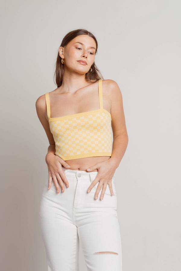 Candy Clouds Yellow Checkered Sweater Knit Crop Top