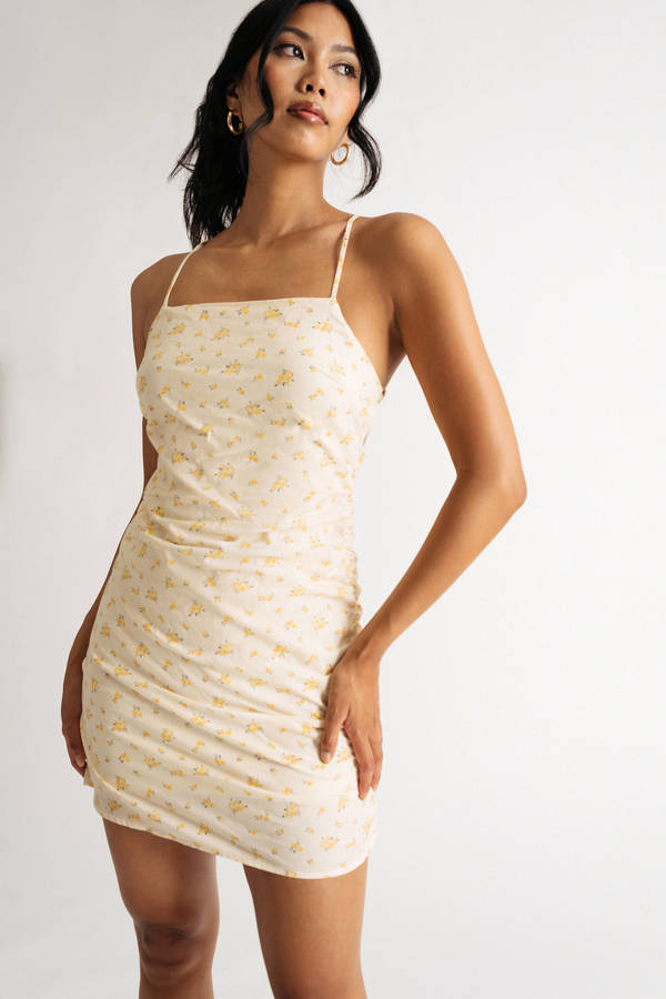 Mikaela Yellow Ditsy Floral Ruched Bodycon Mini Dress