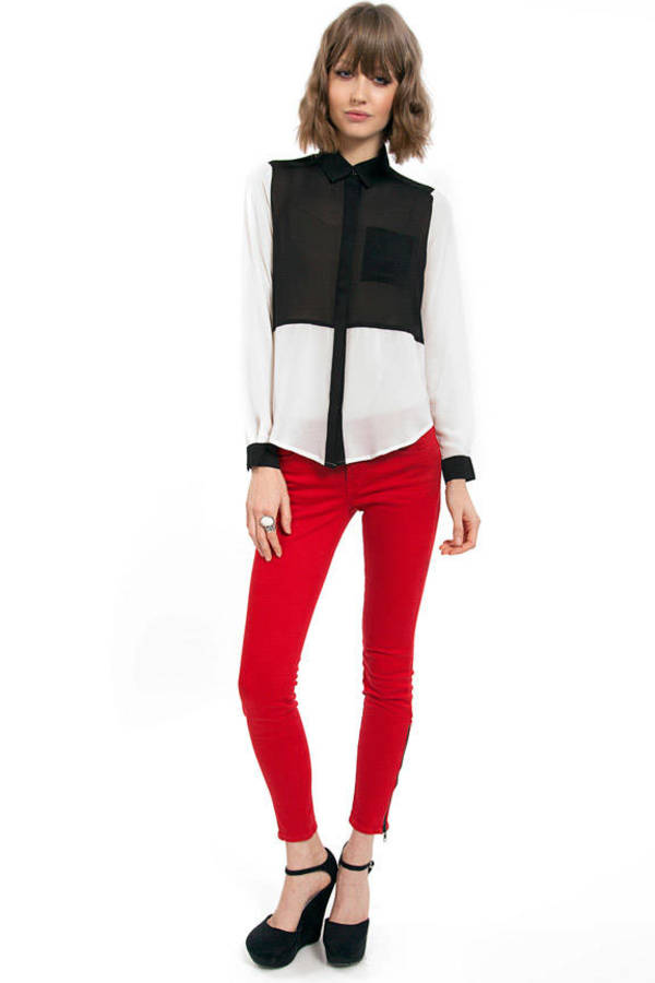 Colorblock Button Up Blouse in Black and White - $20 | Tobi US