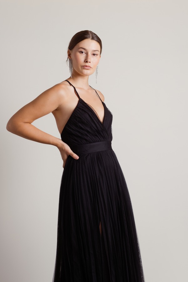 Black Pleated Dress - Black Maxi Dress - Black Mesh Dress