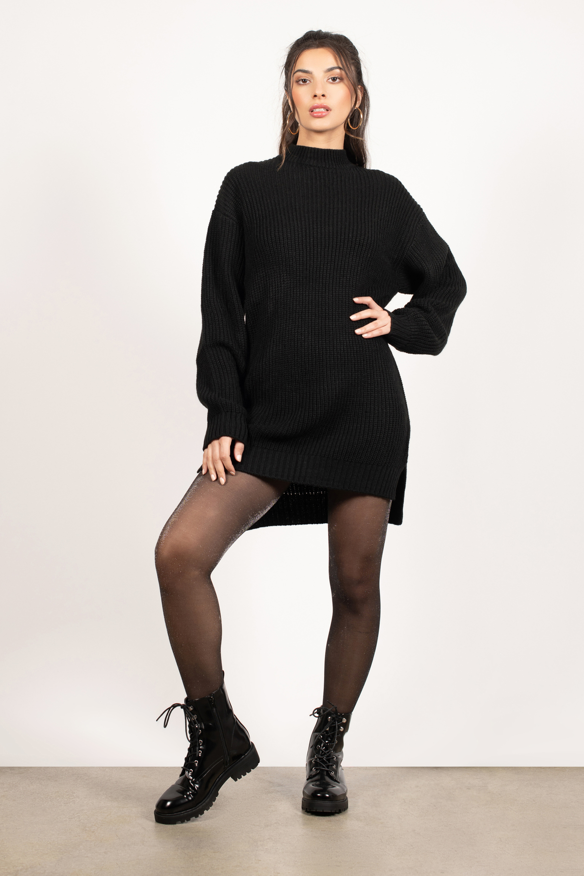 Black Casual Dress - Mock Neck Dress - Black Sweater Dress
