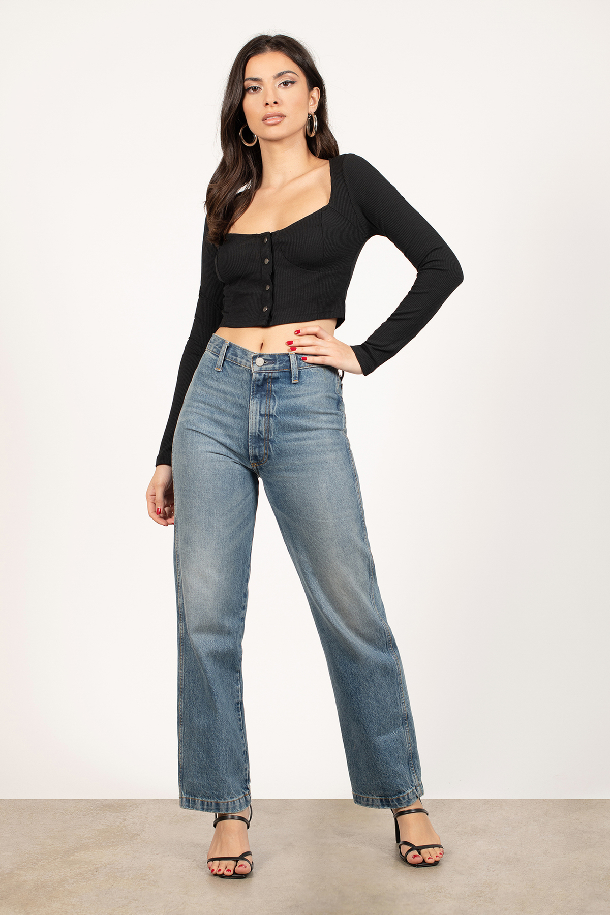 Black Top - Ribbed Button Up Top - Snap Button Closure Top