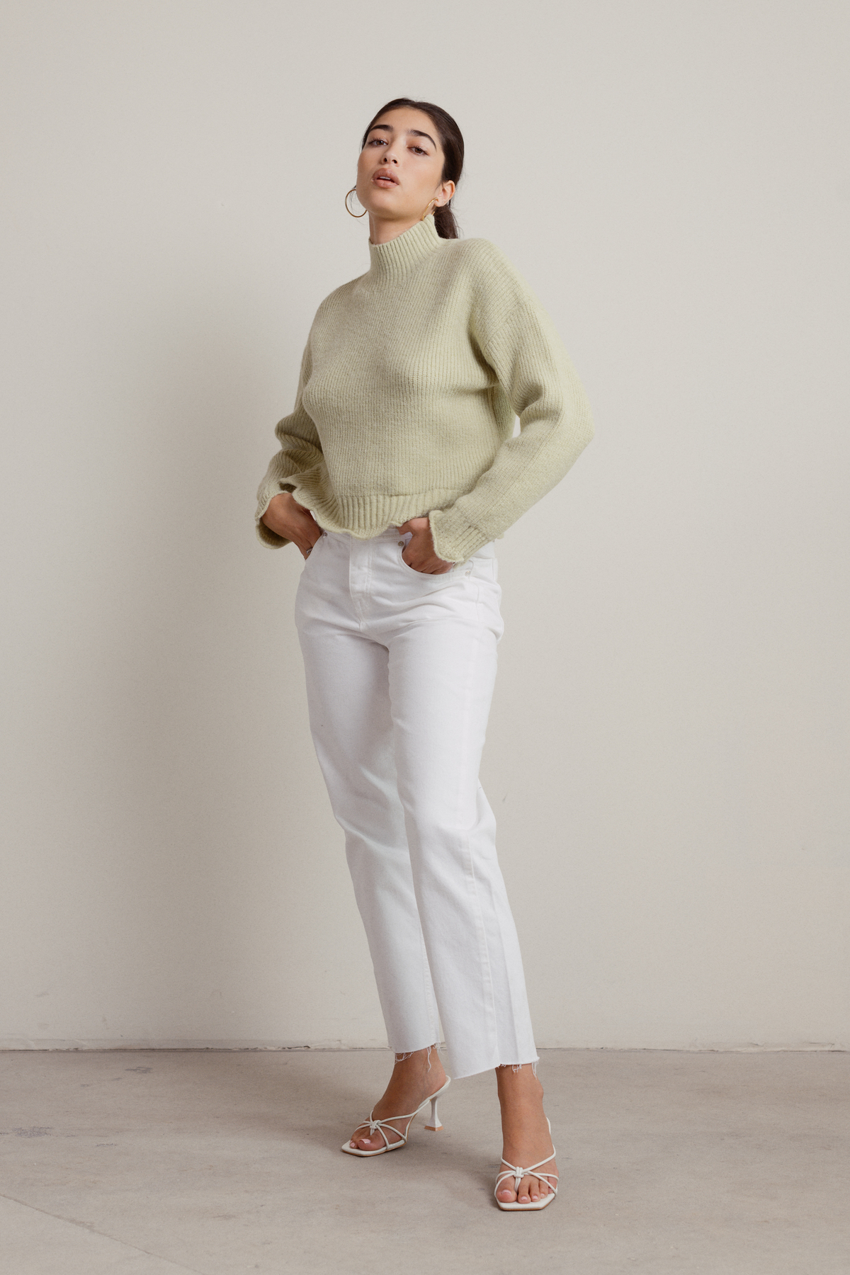 Green Sweater - Ribbed Mock Neck Sweater - Scallop Hem Sweater