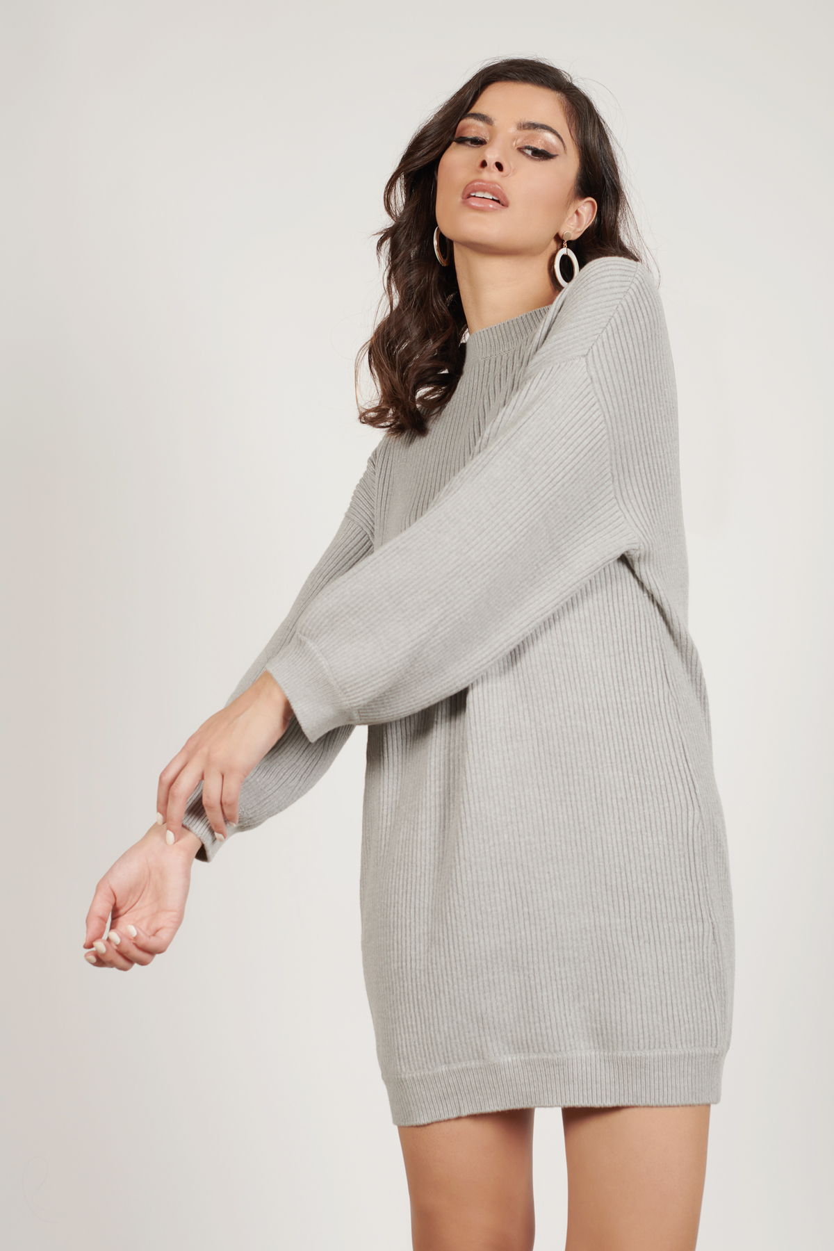 Gray Mini Dress - Crew Neck Sweater Dress - Ribbed Knit Heather Gray Dress