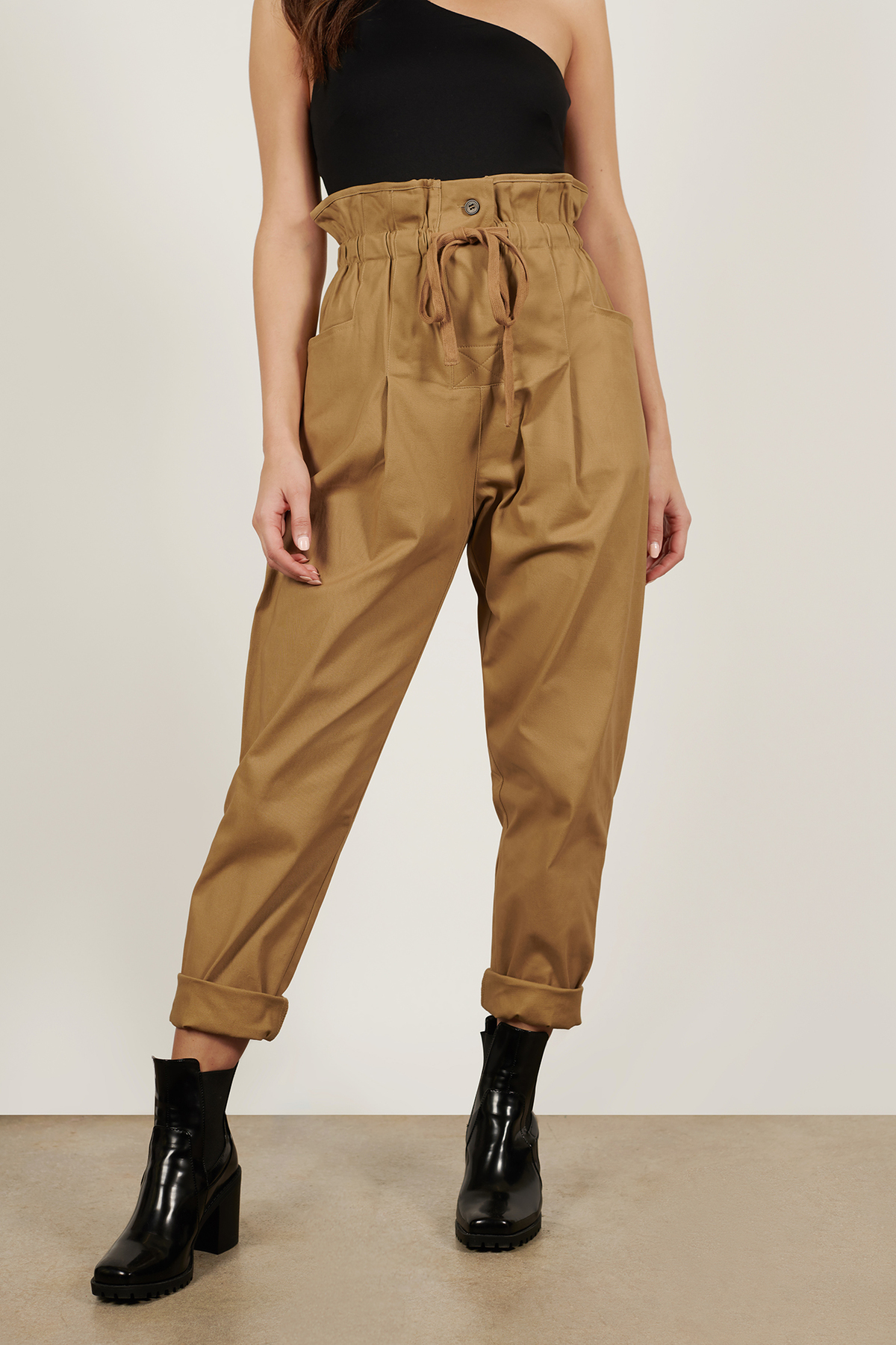 Khaki Pants High Waist Paperbag Pants Button Dly Closure Paperbag Pants