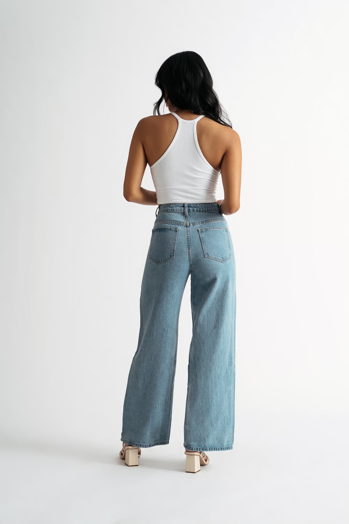 Medium Wash High Waisted Buttoned Jeans - Wide Leg Blue Jeans