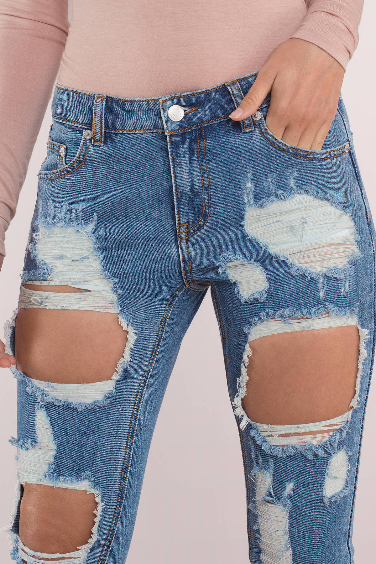 Medium Wash Denim Jeans - Distressed Denim Pants - Low Rise Denim Jeans