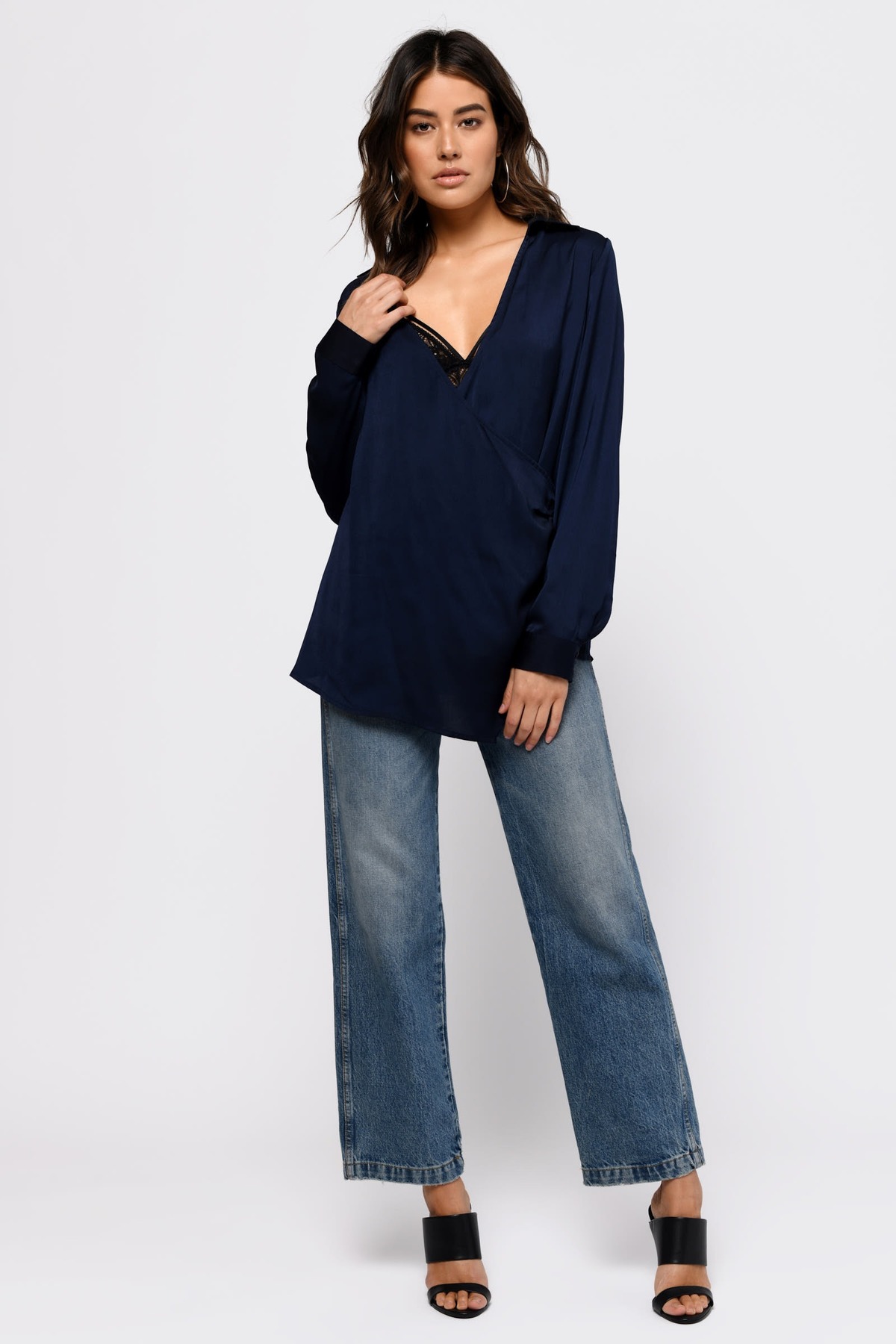Cute Blouse - Navy Blue Top - Long Sleeve Top - Satin Collared Blouse