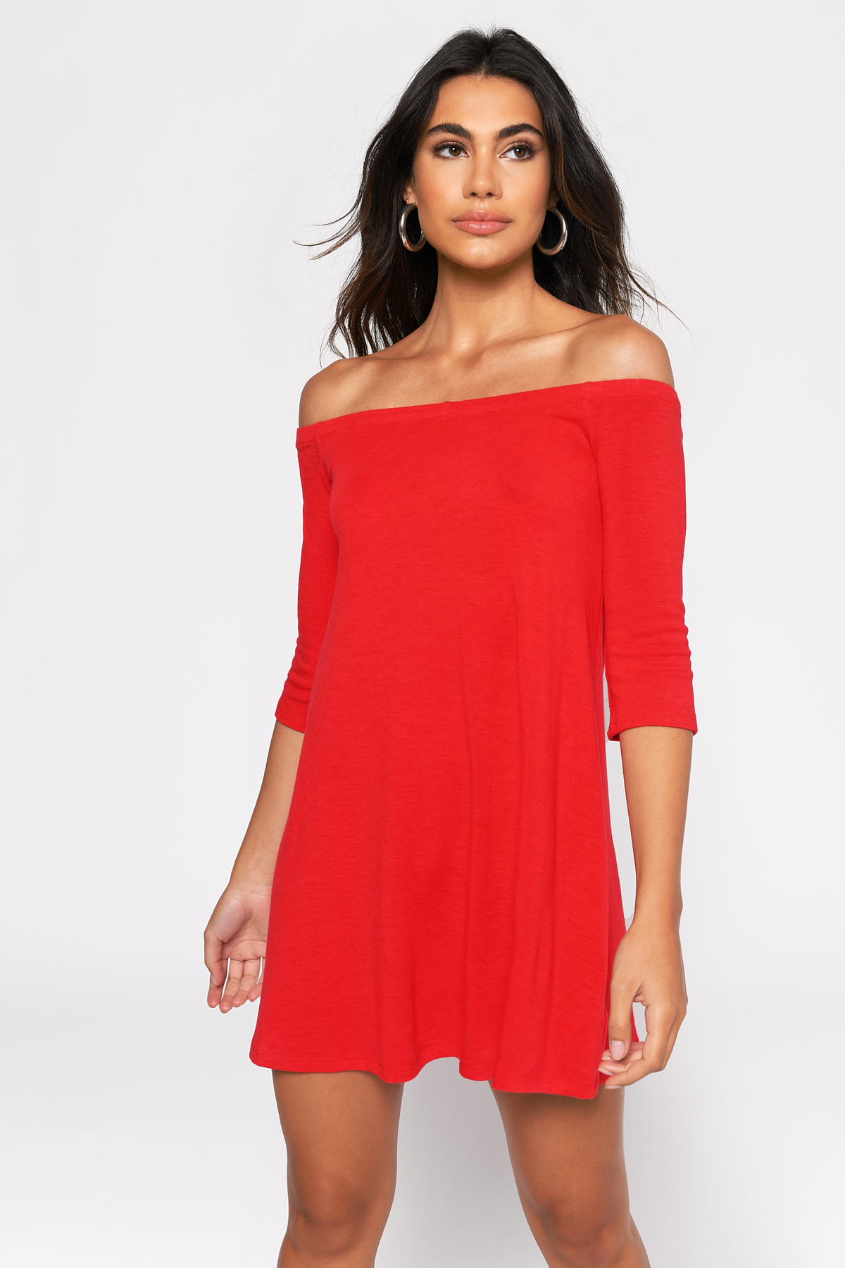 Red Mini Dress Off Shoulder Shift Knit Dress Chic Bardot Neckline Dress 5370