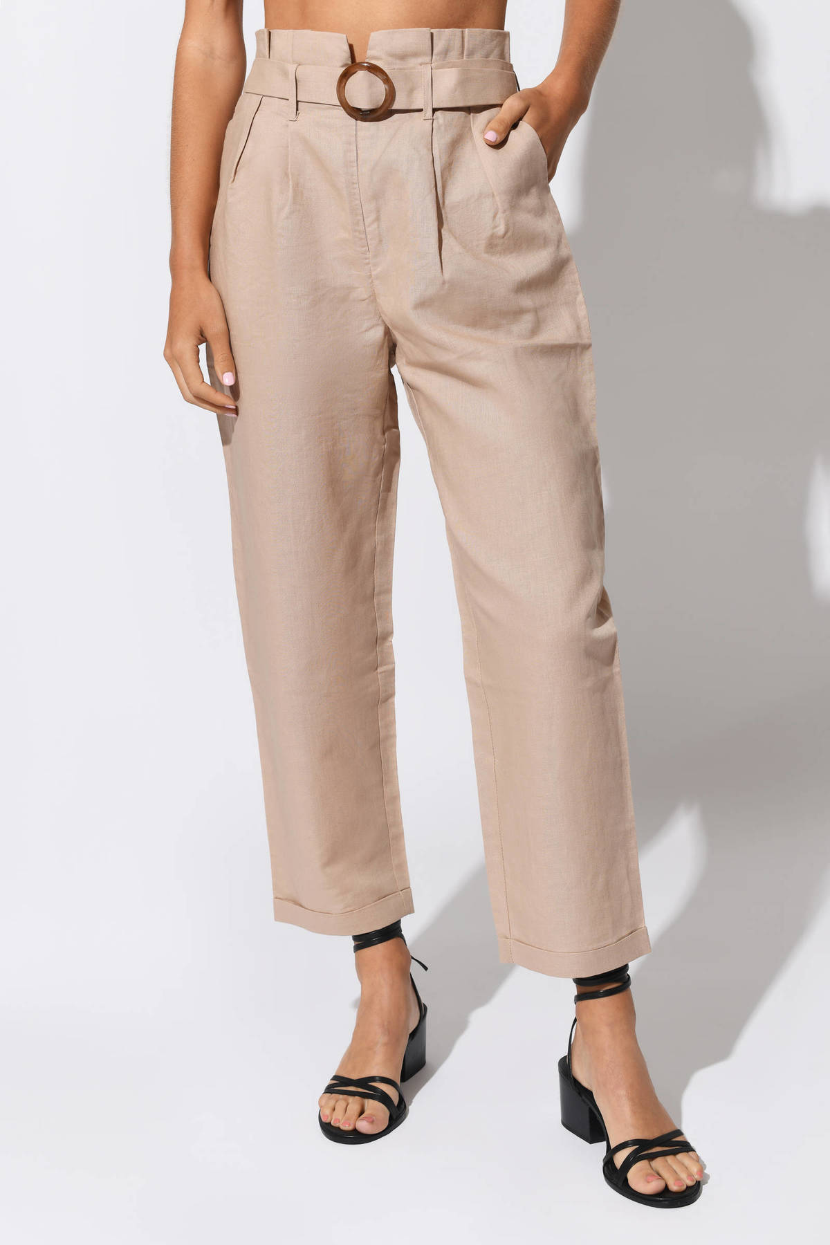 Brown Pants - Paperbag Waist Pants - Sand Waist Pants With Adjustable Belt