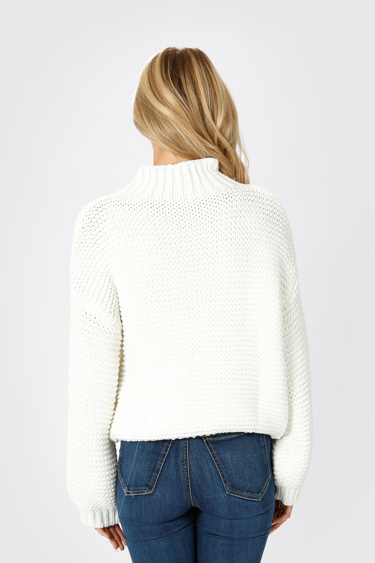 White Sweater - Chunky Knit Bubble Sleeves Sweater - Mock Neckline Sweater