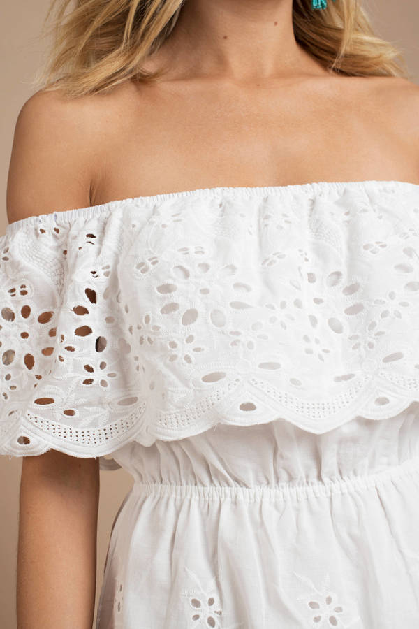 white eyelet off the shoulder dress