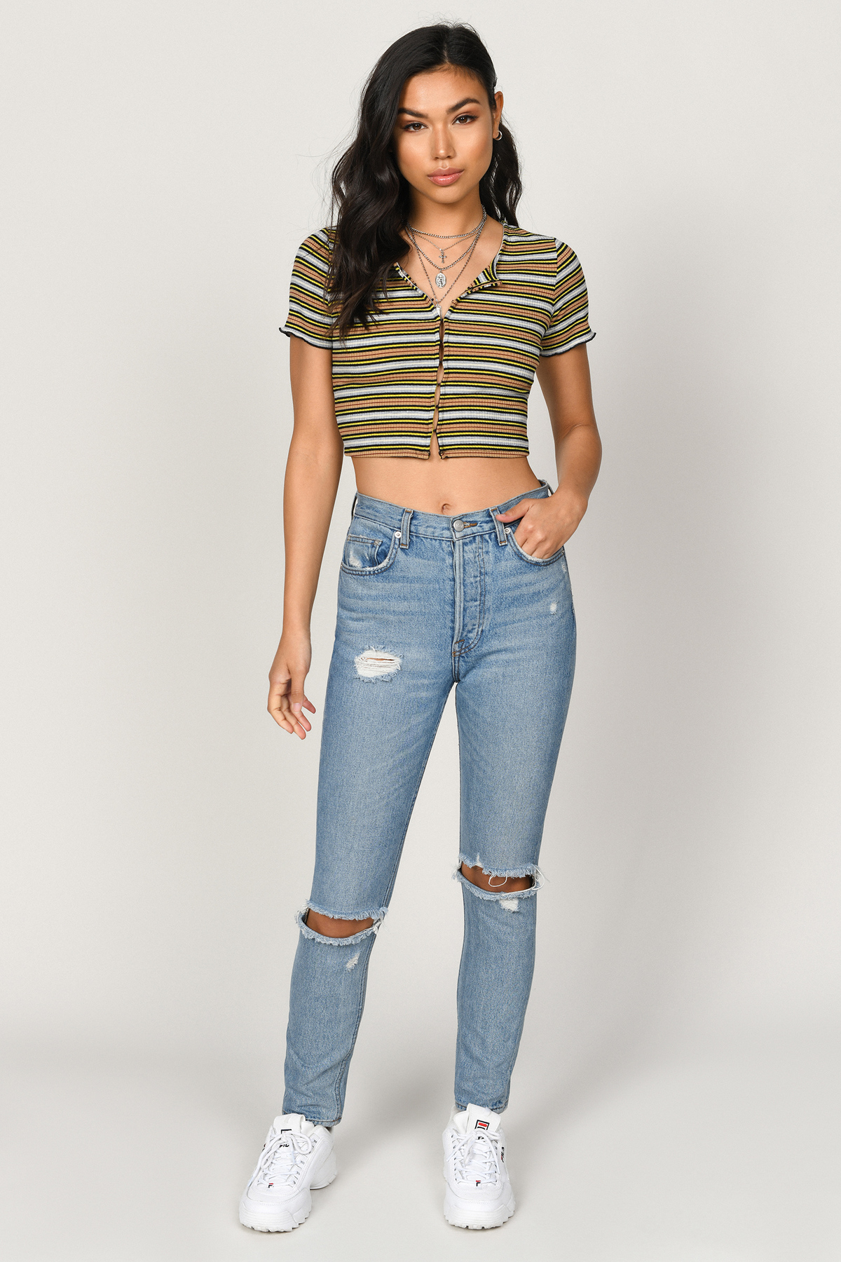 Yellow Crop Top - Short Sleeve Top - Yellow Striped Crop Top