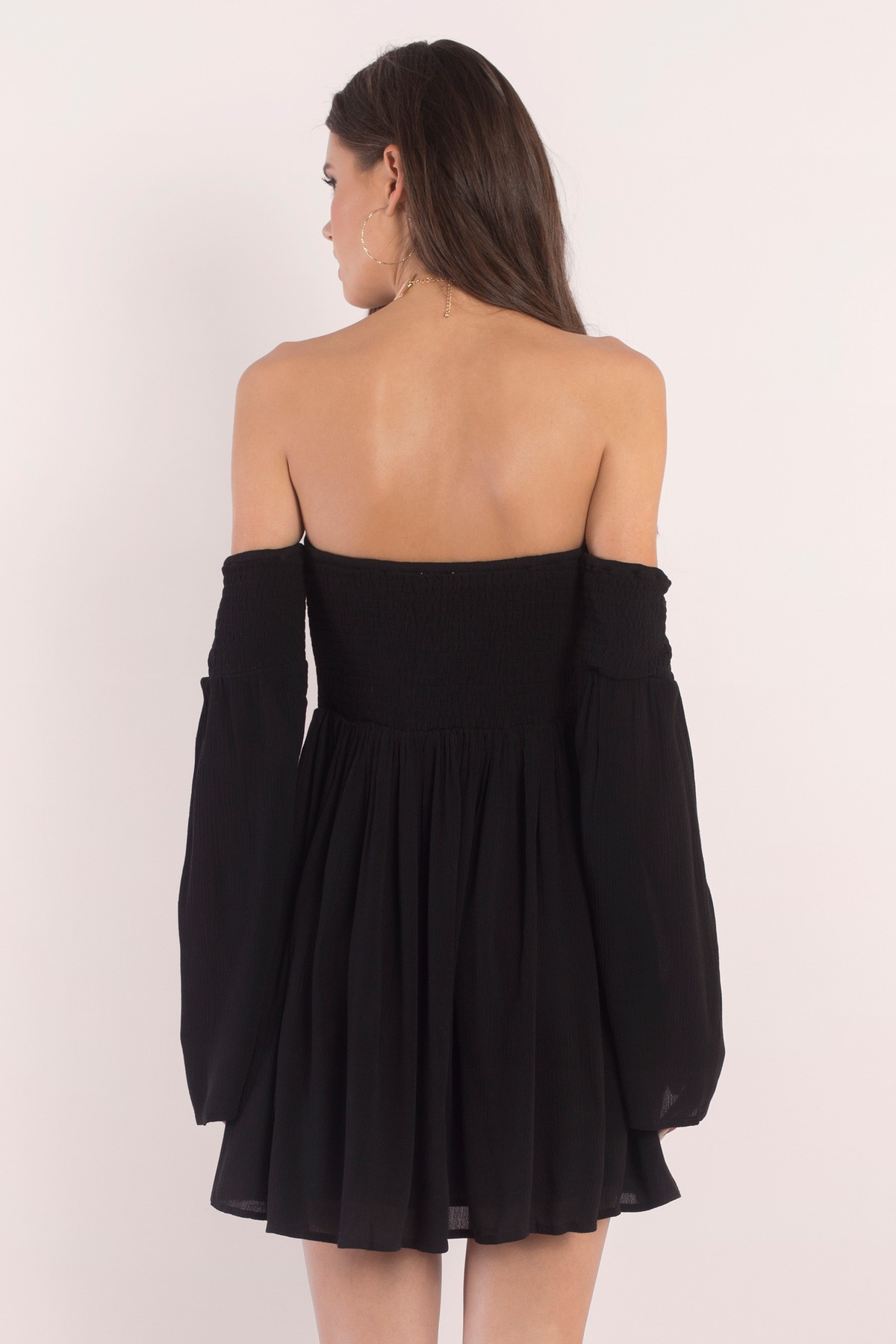 Black Skater Dress - Off Shoulder Dress - Black Long Sleeve Dress