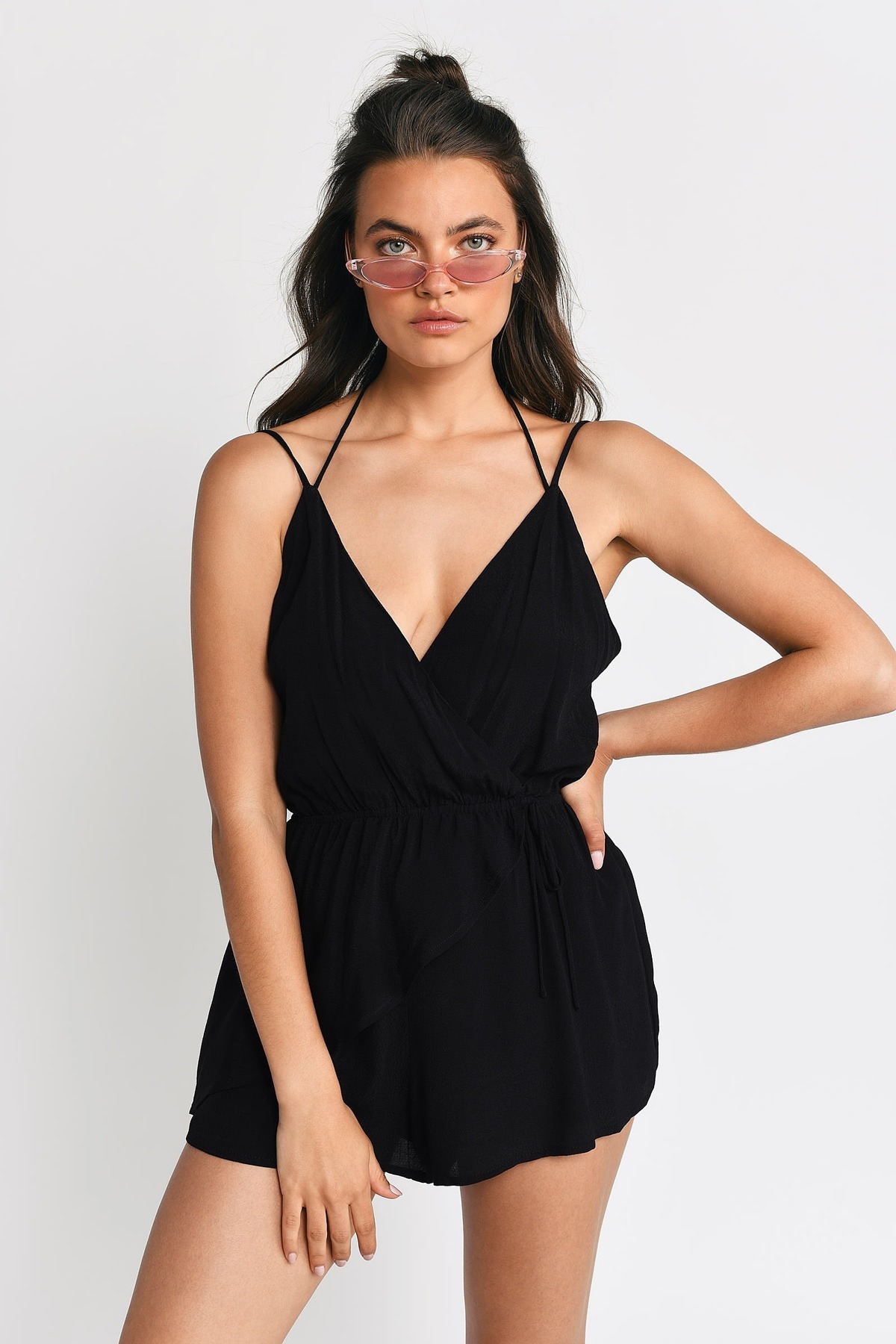 Black Backless Romper - Strappy Romper - Plunging Romper