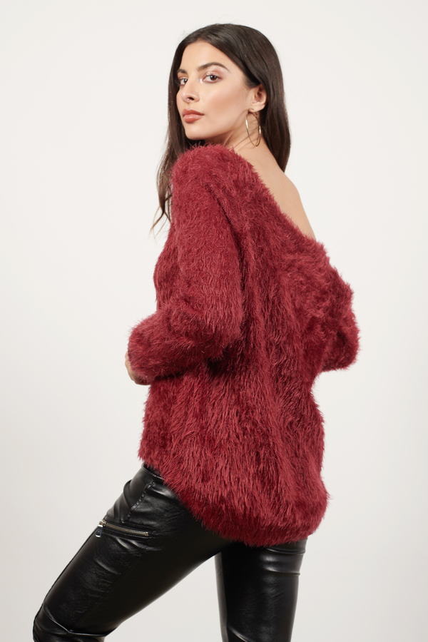 Red Sweater - Fuzzy Knit Sweater - Burgundy Scoop Neckline Sweater