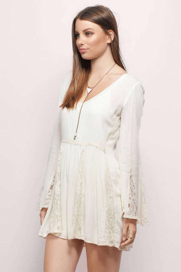 Cream Casual Dress - Lace Paneled Skater Dress - Cream Sheer Dress