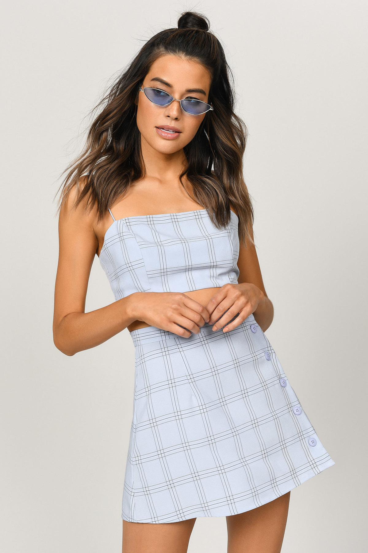 Blue Skirt Side Button Skirt Blue Plaid Skater Skirt 