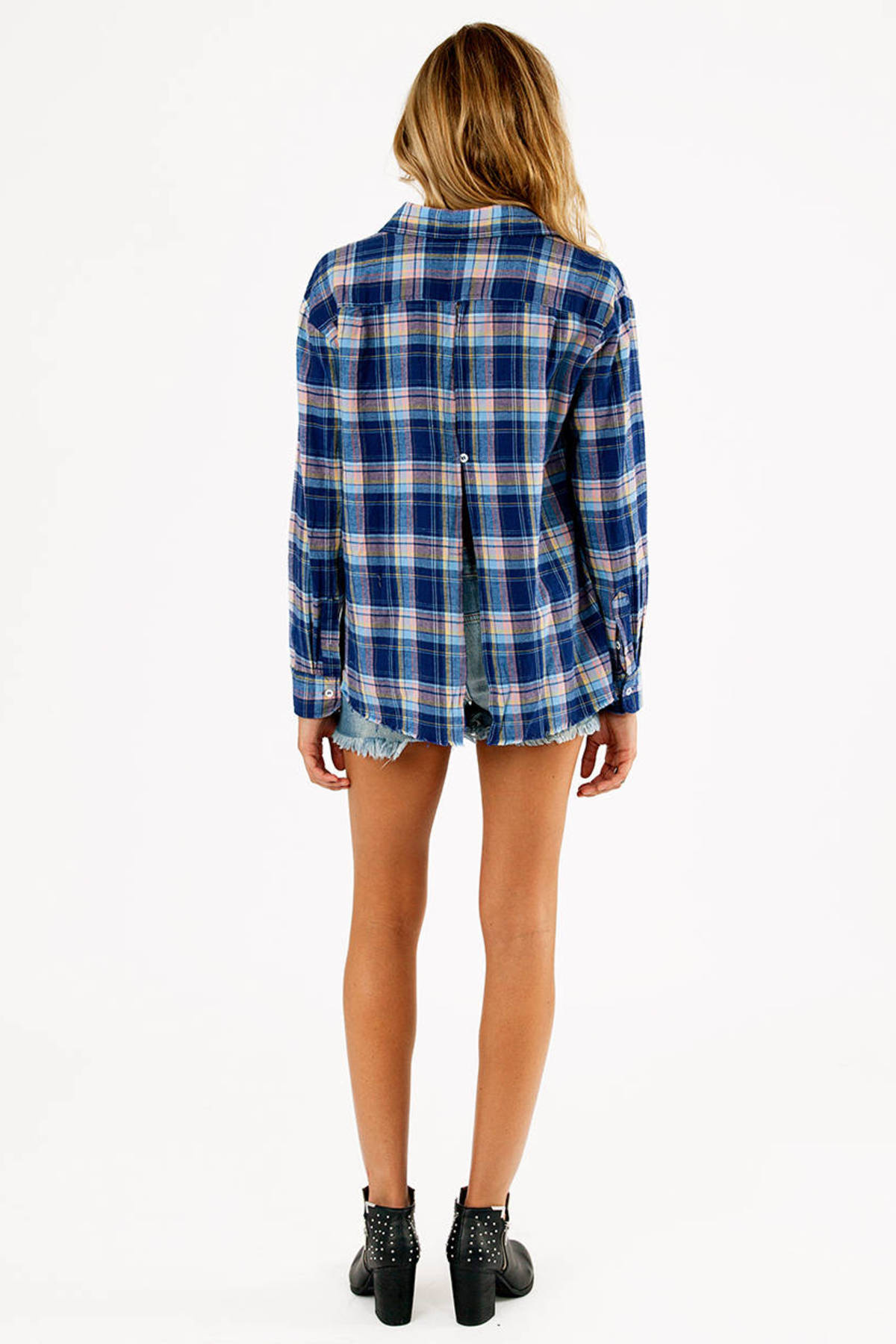 Plaid Pocket Button Up Shirt in Navy and Coral - $52 | Tobi US