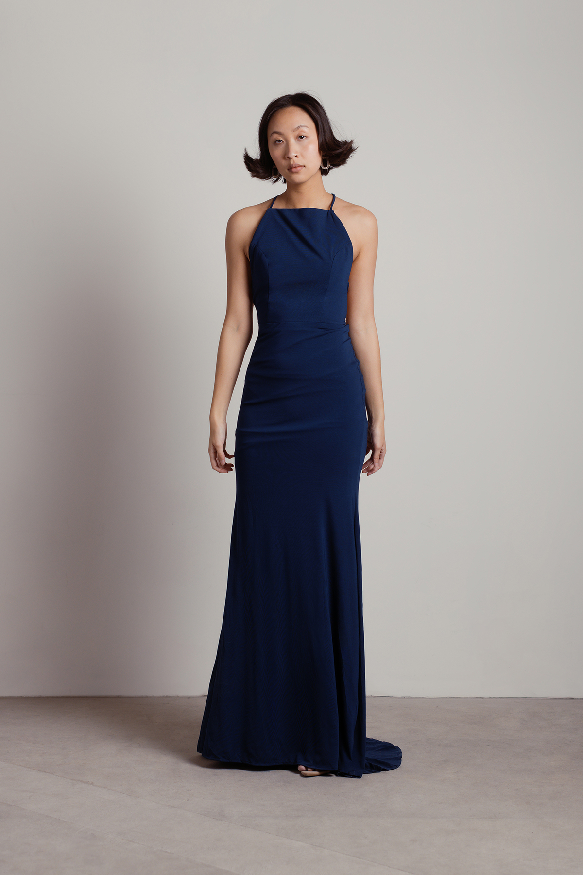 Navy Blue Mermaid Dress - Lace Up Maxi Dress - Open Back High Neck Dress