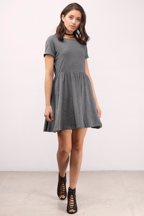 Cute Heather Grey Skater Dress - Above The Knee Dress - Skater Dress