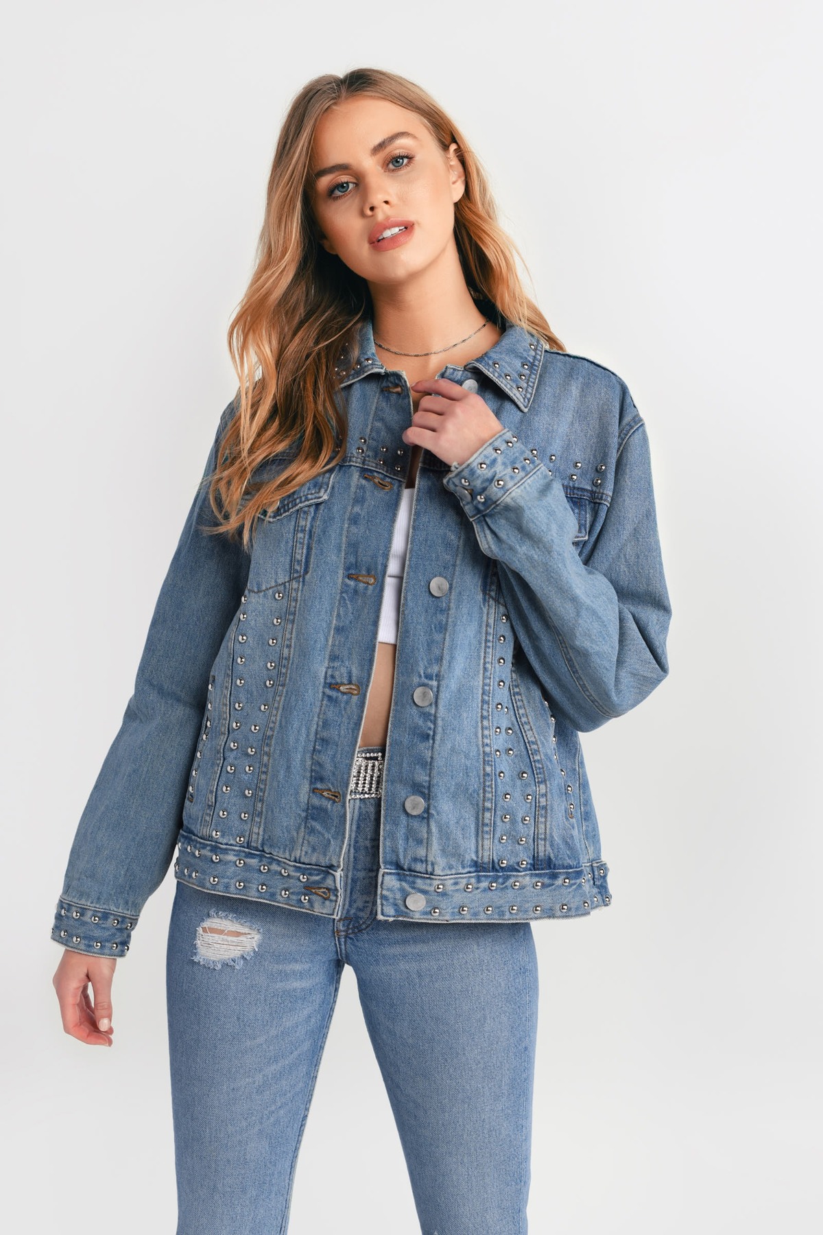 Medium Wash Denim Jacket - Firestone Studded Denim Jacket - Button Up ...