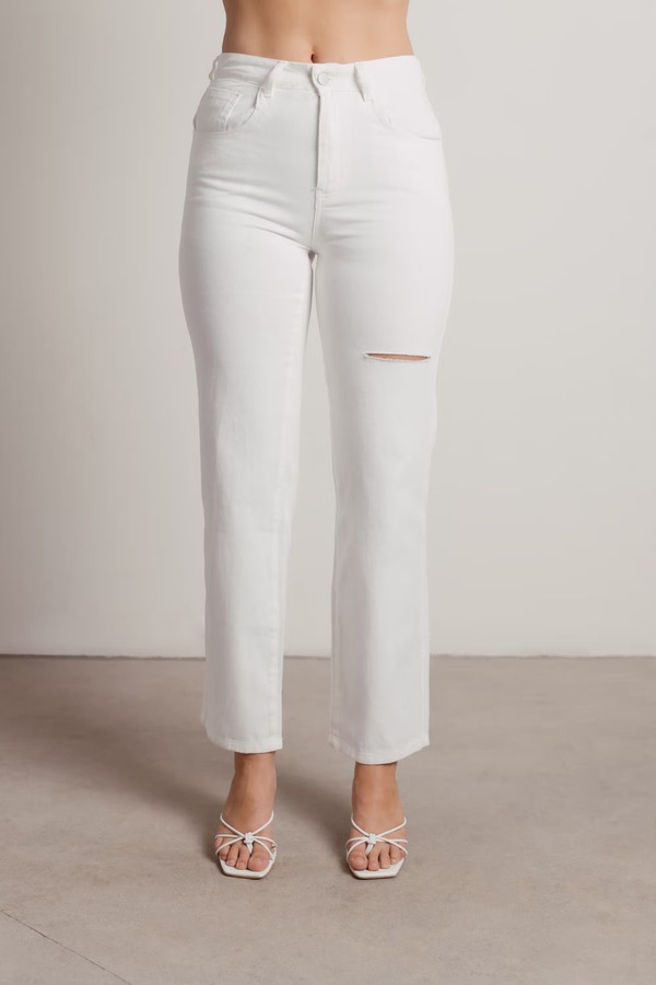 White Jeans - Straight Leg Jeans - Denim Thigh Slit Jeans