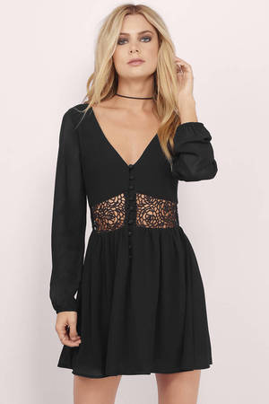 Black Skater Dress - Button Down Dress - Black Lace Insert Dress