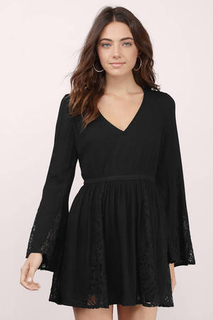 Black Casual Dress - Bell Sleeve Dress - Black Lace Dress
